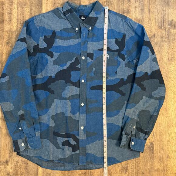 Stussy VTG Casual Button Front Shirt Blue Camouflage Long Sleeve Mens Size Large - Picture 8 of 11